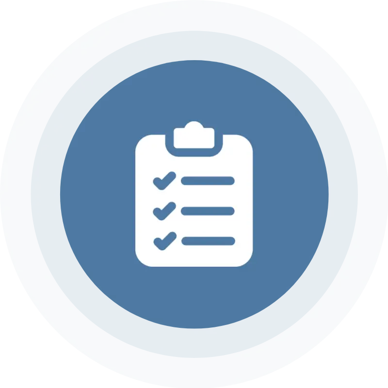 A blue circle with a white clipboard and some tasks written on it