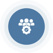 A blue circle with a clock and people