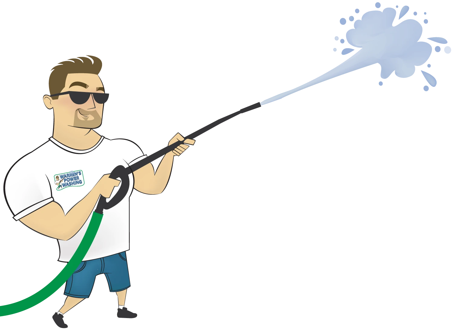 A man holding a hose while standing next to a wall.