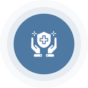 A blue circle with two hands holding a shield.